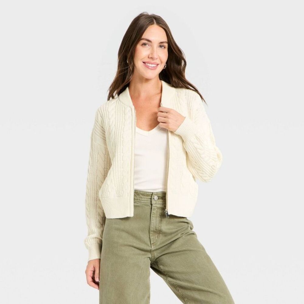 Women's Cable Full Zip Fashion Jacket - Universal Thread Cream M
